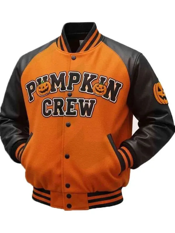 Orange and black varsity jacket with 'Pumpkin Crew' text and pumpkin design on a white background