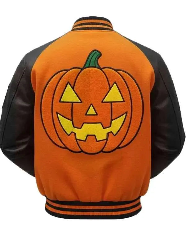 Orange and black varsity jacket with a pumpkin design on the back