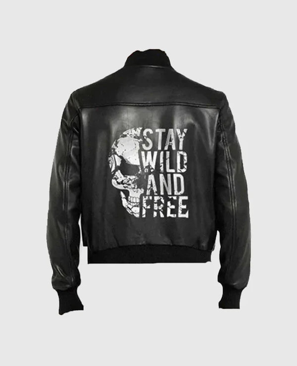 Halloween Special Stay Wild and Free Black Bomber Leather Jacket