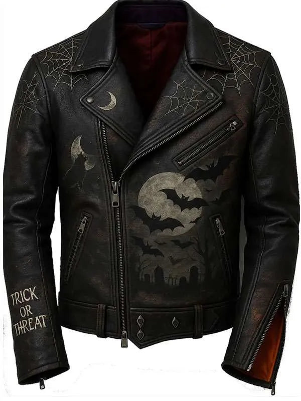 Black leather jacket with Halloween-themed designs on a white background