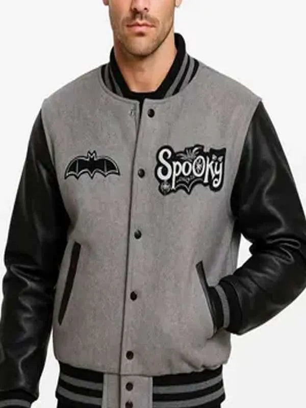 Gray and black varsity jacket with 'Spooky' and bat design on a white background