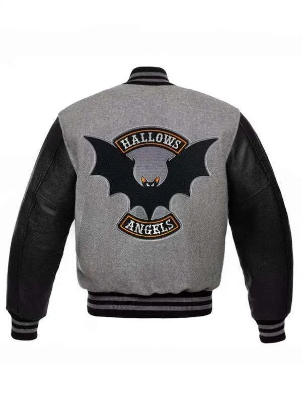 Gray and black varsity jacket with 'Hallows Angels' design on the back
