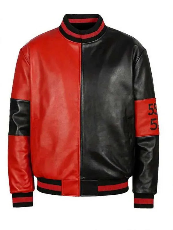 Red and black leather jacket with number '55' on sleeve against a white background