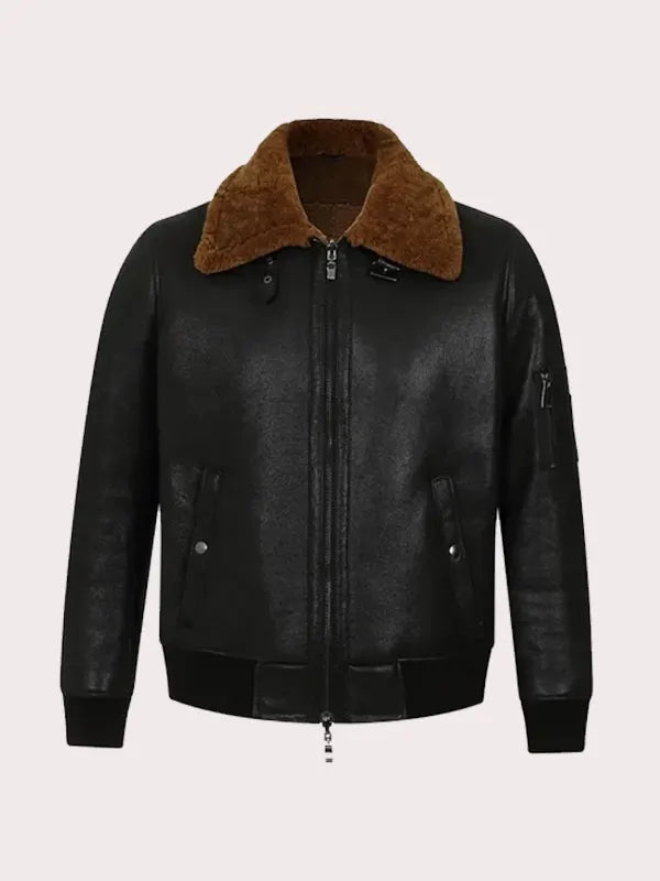 MENS BLACK BOMBER AVIATOR SHEARLING JACKET