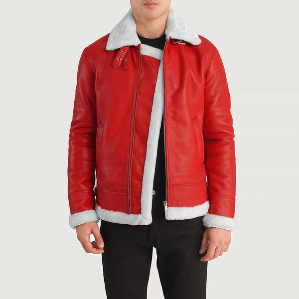 Men's Festive Red Shearling Leather Aviator Bomber Jacket - Luxury Winter & Christmas Gift