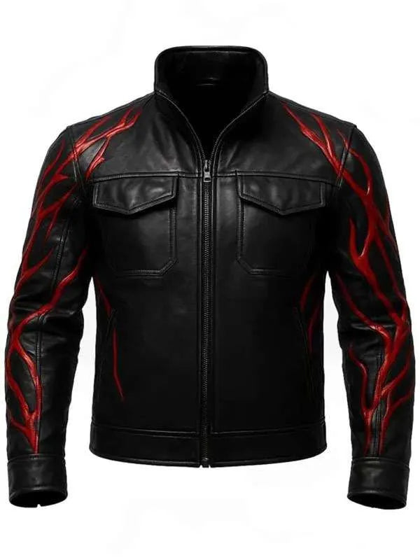 Black leather jacket with red flame patterns on a white background
