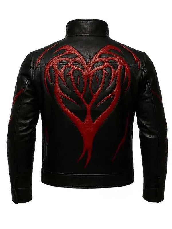 Black leather jacket with a red heart design on the back against a white background
