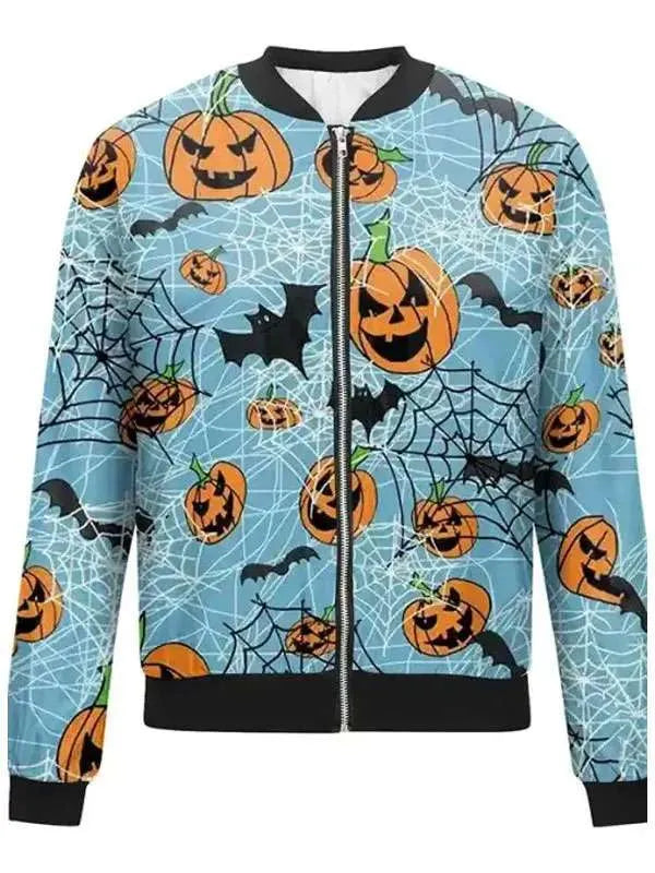 Zip-up hoodie with Halloween-themed design featuring pumpkins, bats, and spider webs on a blue background.
