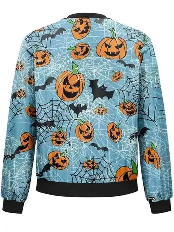 Halloween-themed sweatshirt with pumpkins, bats, and webs on a blue background