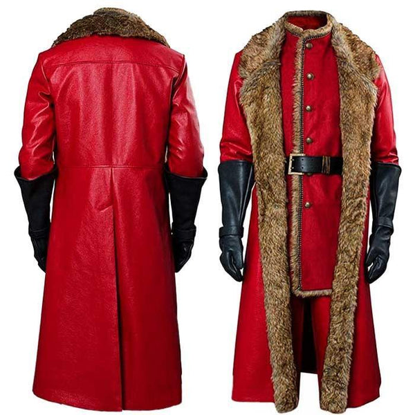 Men's Red Leather & Fur Trim Long Coat - Without Gloves and Lower