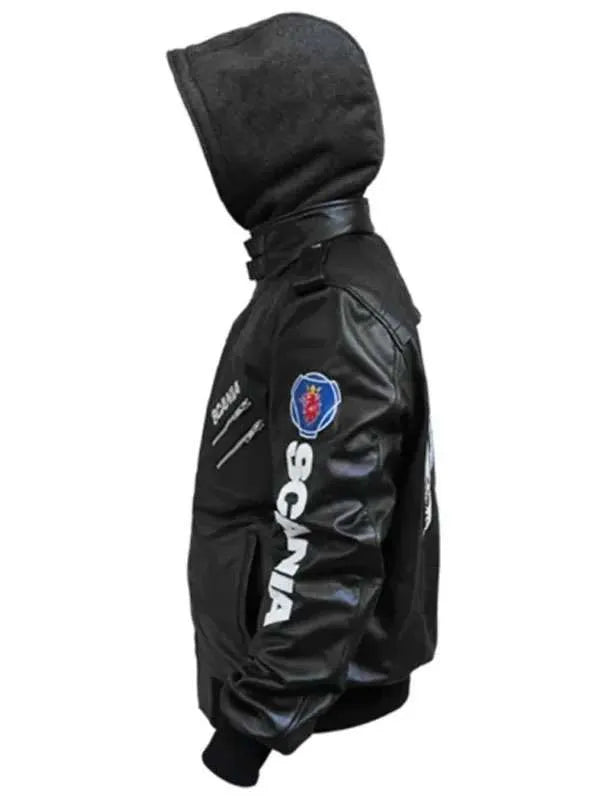 Black jacket with hood and visible branding on a white background