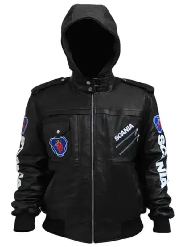 Black hooded jacket with Scania logos on a white background