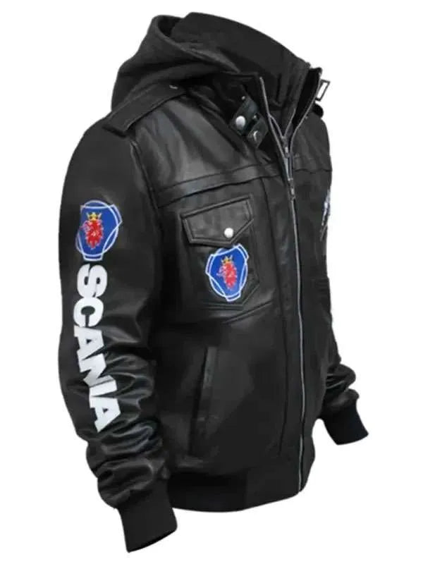 Black leather jacket with Scania branding and logos on a white background