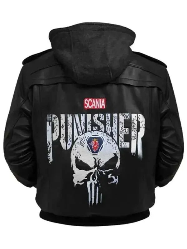 Black leather jacket with 'The Punisher' design and Scania logo on a white background