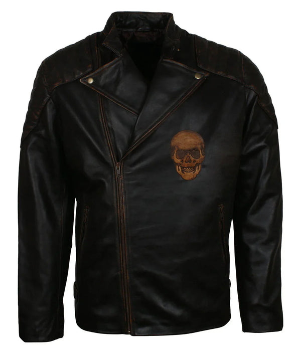 Men's Black Skull Embossed Ride Genuine Leather Biker Jacket