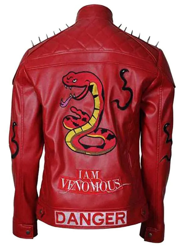 Red leather jacket with snake design and text on a white background
