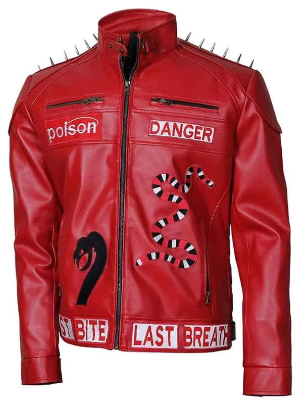 Red leather jacket with text and snake design on a white background