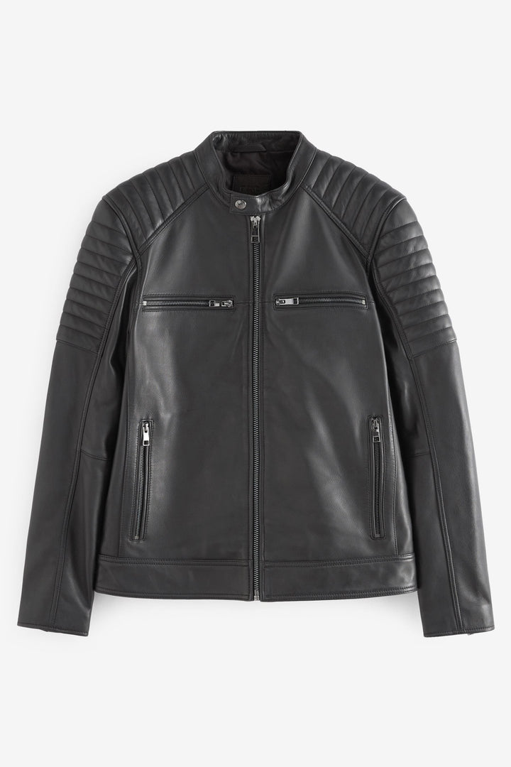 Men's Leather Quilted Jacket with Zipper Closure