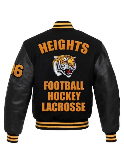 Black varsity jacket with orange text and tiger logo on a white background