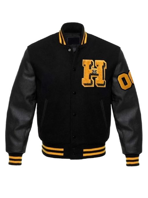 Black varsity jacket with gold lettering on a white background