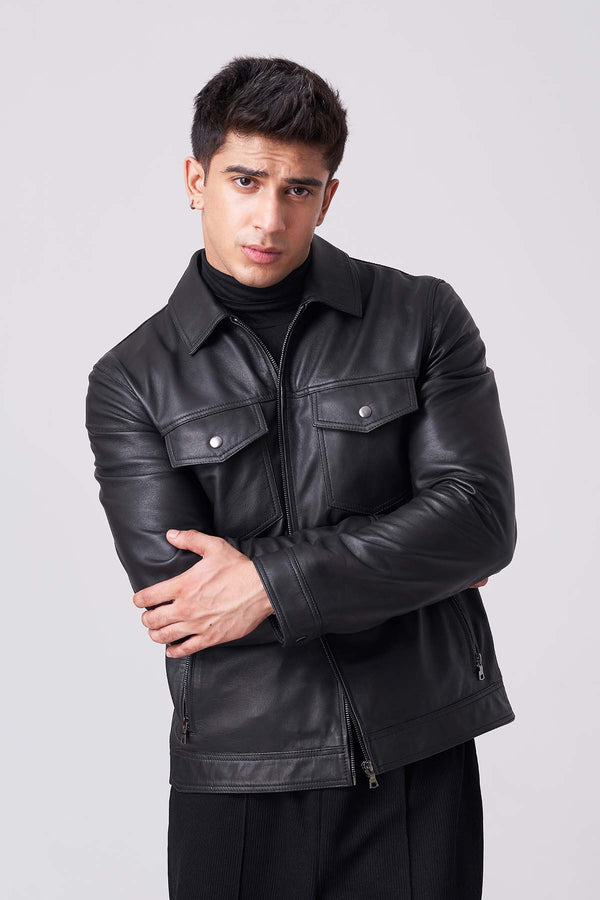 Black leather jacket with flap pockets