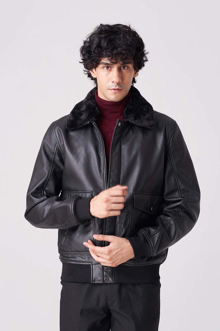 Black faux fur aviator jacket for men