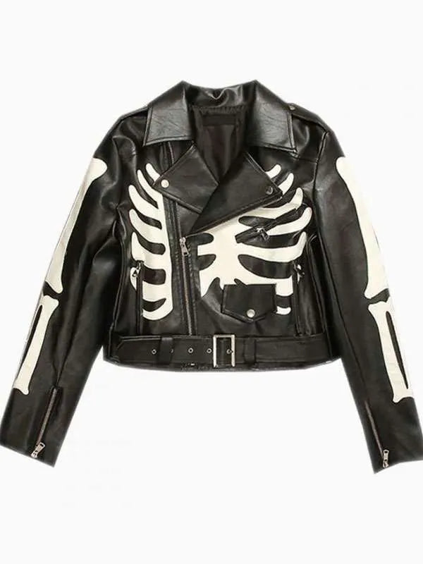 Black leather jacket with white skeleton design on a white background