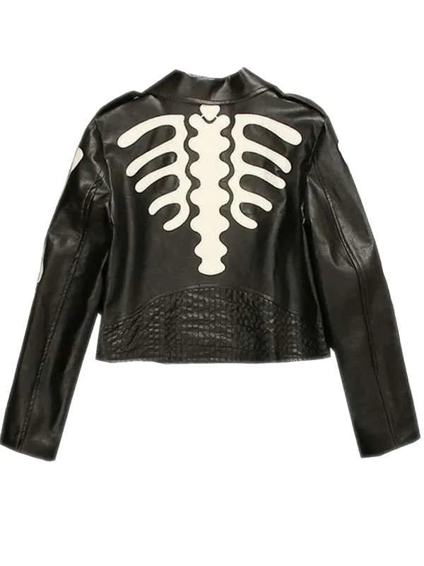 Black leather jacket with white skeleton design on a white background