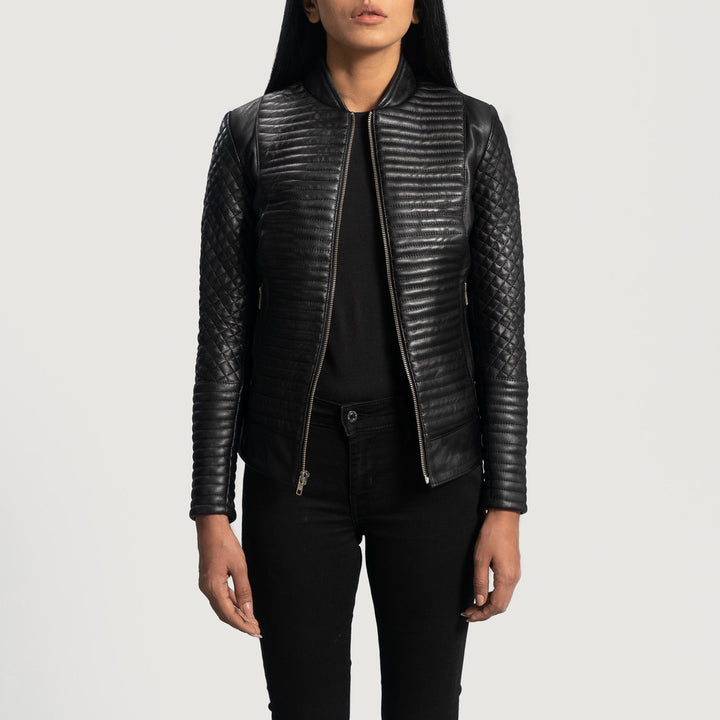 Women quilted black leather biker jacket in USA