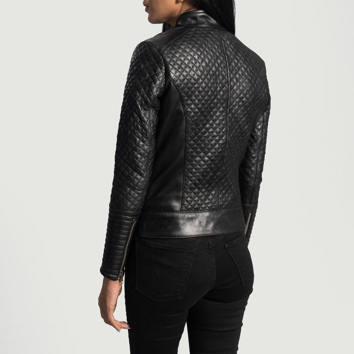 Quilted black leather biker jacket for women in France style