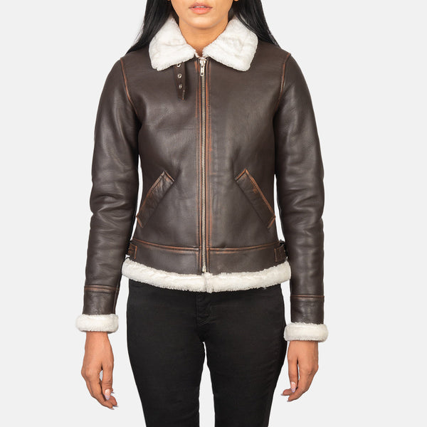 Women's brown leather aviator jacket in USA
