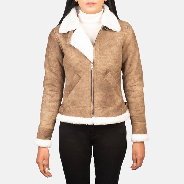 Women's brown leather aviator jacket in USA