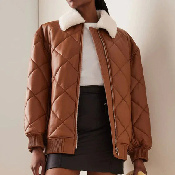 Women's brown puffer leather bomber jacket in USA