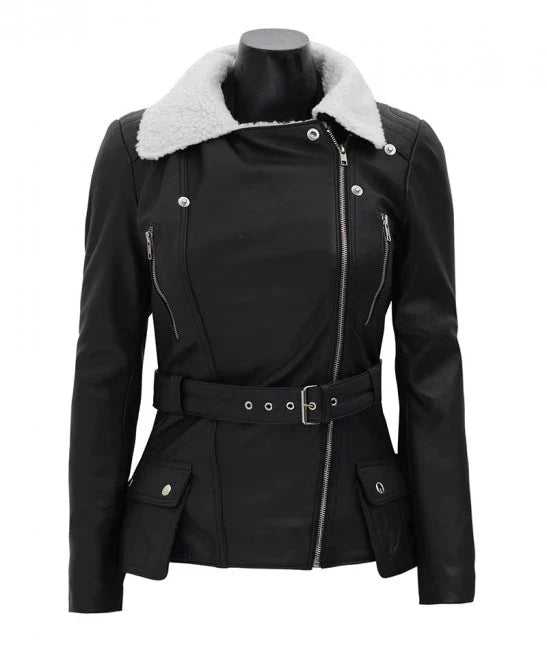 Black faux fur jacket with asymmetrical white sherpa in France style