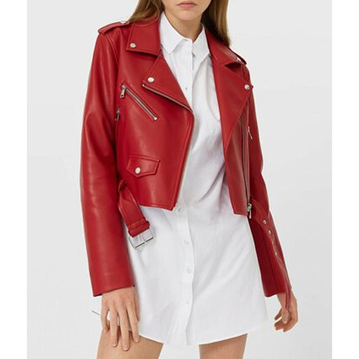 Grown-Ish Justine Skye Red Biker Leather Jacket back view in Fracce style