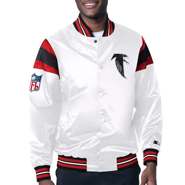 Atlanta Falcons Midweight White Satin Jacket Front View in USA