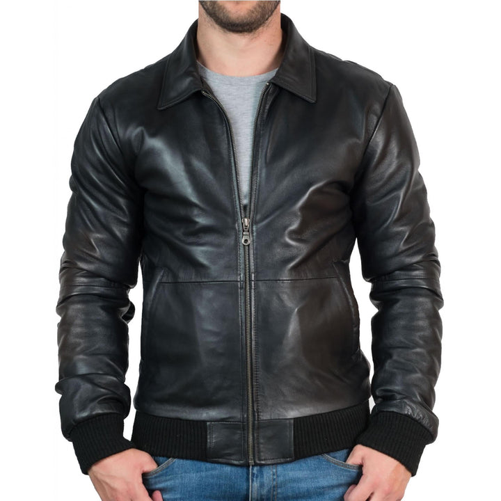 Men's Black Leather Bomber Jacket with Classic Design in USA
