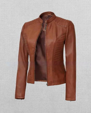 Chic Tan Leather Racer Jacket for Women
