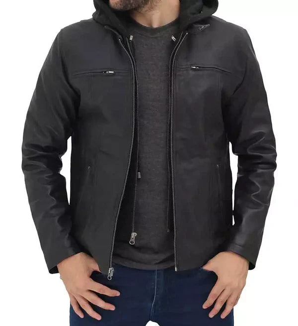 Black café racer leather jacket for men with hood