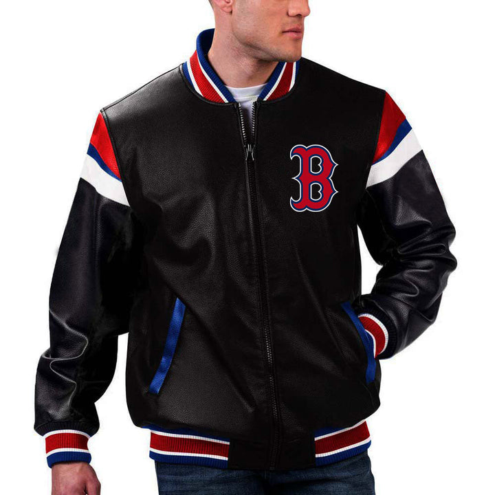 Vintage-wash Boston Red Sox leather jacket, for a weathered fan favorite look. in France style