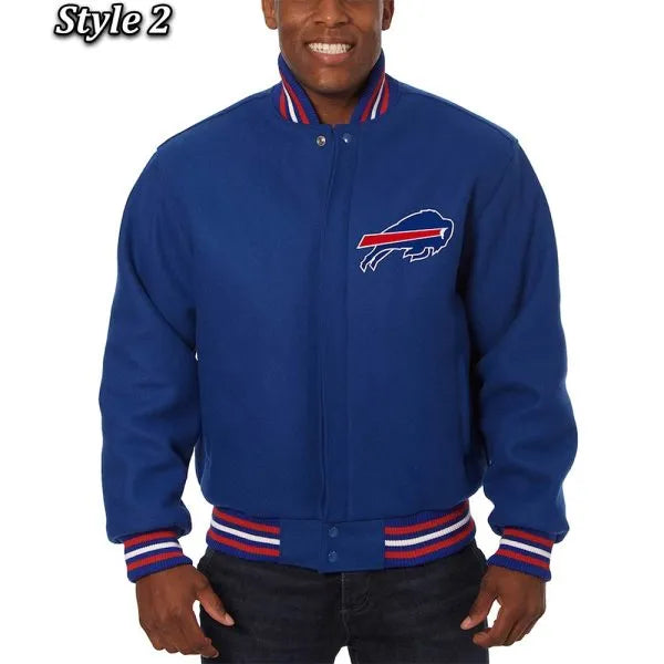 Royal blue Buffalo Bills varsity jacket with full-zip and snap tab front closure