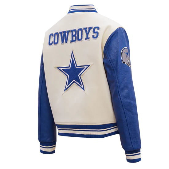 Stylish women's rib wool varsity jacket featuring Dallas Cowboys logo
