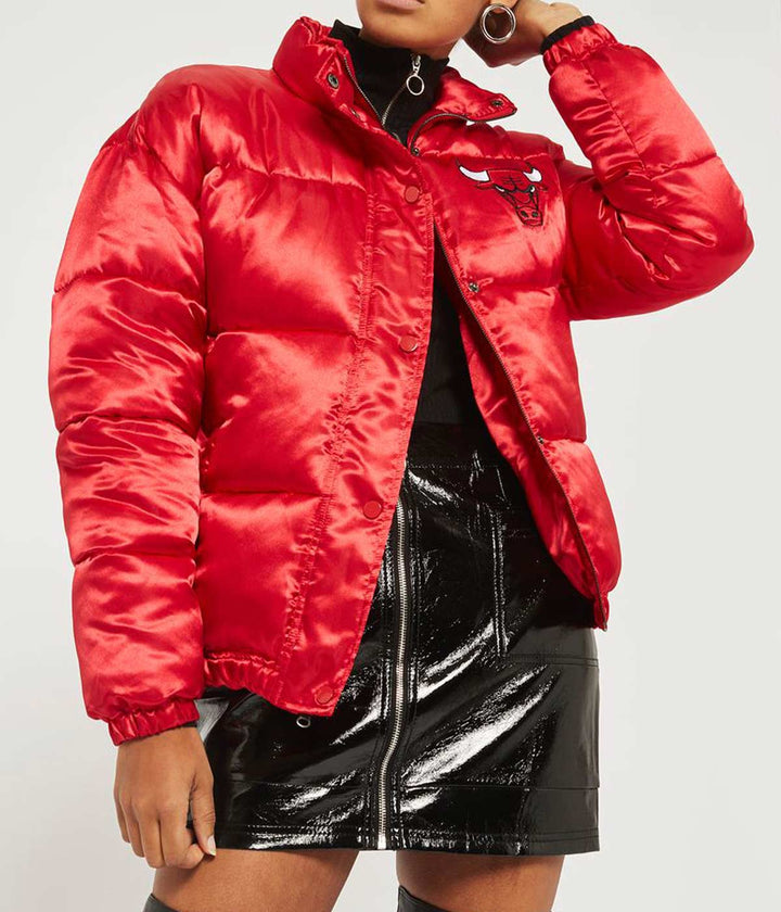 High School Puffer Red Jacket close-up in American style