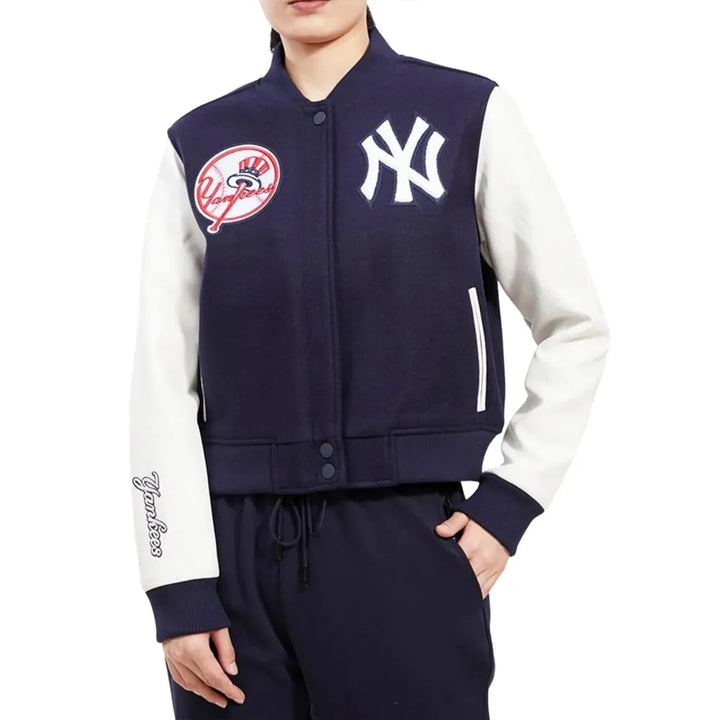 New York Yankees Classic Navy and White Varsity Jacket Front View in USA