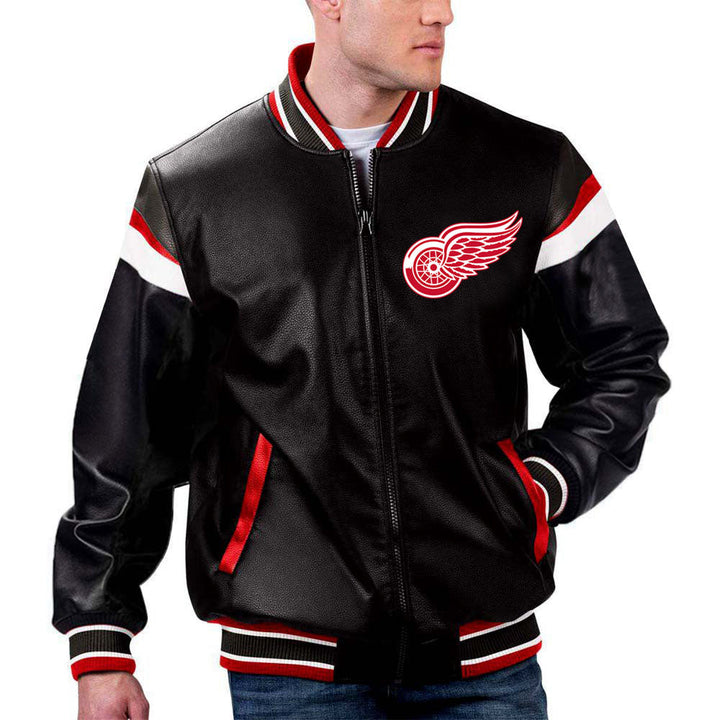 The Pricy NHL Black Leather Jacket with Detroit Red Wings Logo in France style