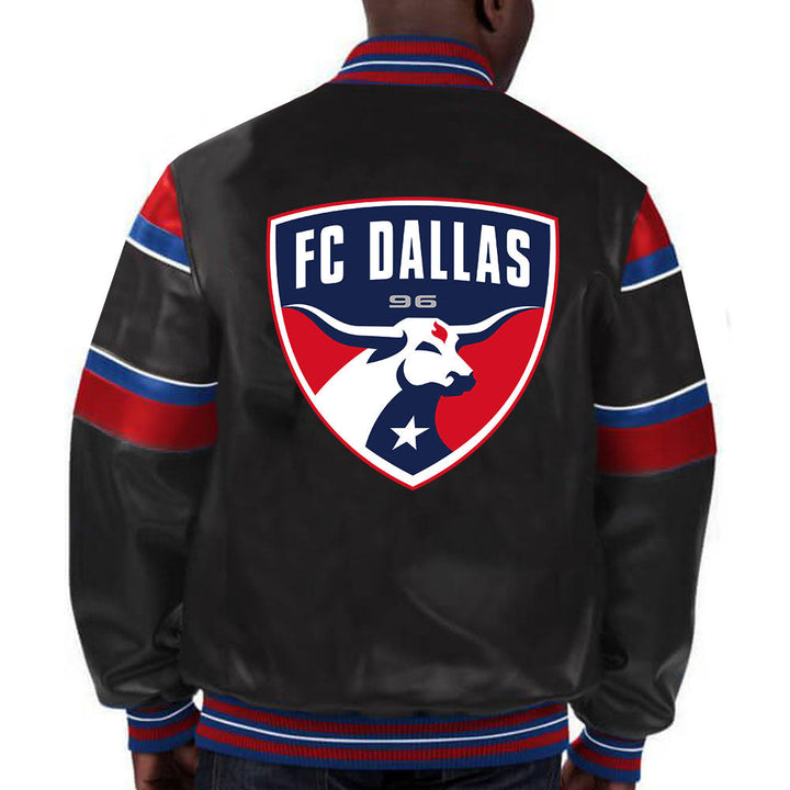 Stylish Dallas FC leather jacket with team logo and colors in American Style