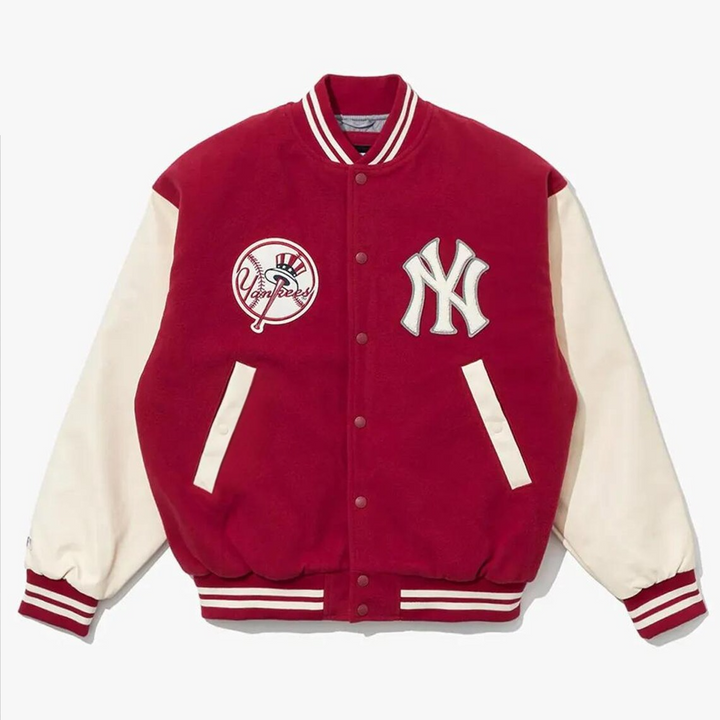 Front view NY Yankees Dark Red Wool Full-Snap Varsity Jacket