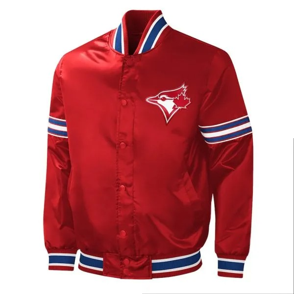 Red satin jacket with a logo on a white background in USA