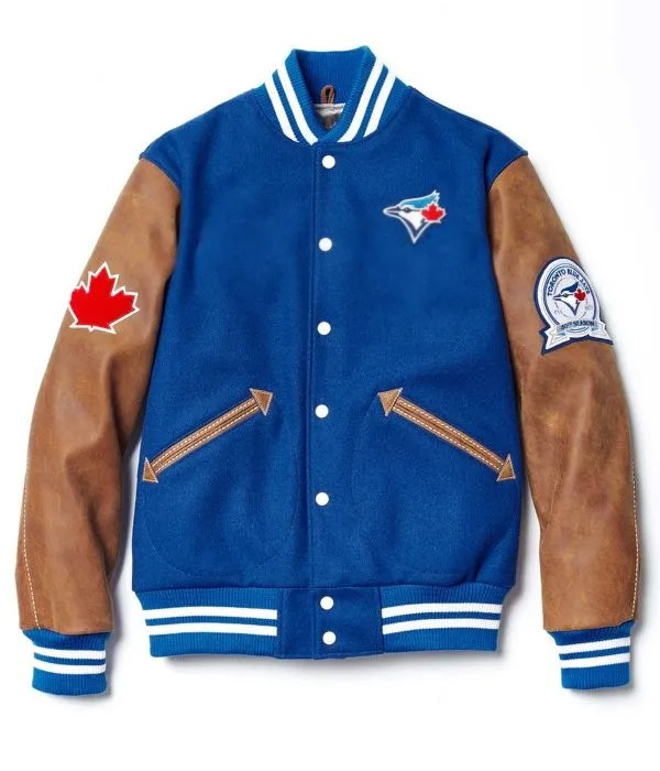 Blue and brown varsity jacket with a maple leaf and logo on a white background in UK