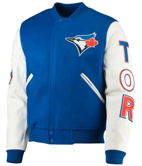 Blue and white varsity jacket with a logo and 'TOR' on sleeves against a white background